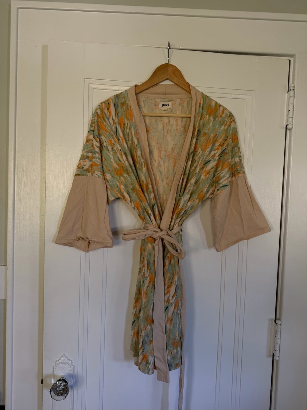 Pact Women's Printed Tie-Front Kimono Jacket in Sage, Beige & Orange